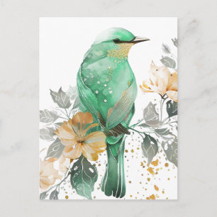 Carte Postale Magnifique Monnaie et Oiseau d'or et Fleurs