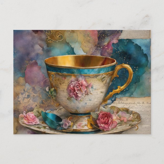 Carte Postale Magnifique Teacup Média Mixte Peinture Collage (Devant)