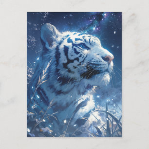 Carte Postale Magnifique Tigre Blanc Sous un Ciel Nocturne Étoil