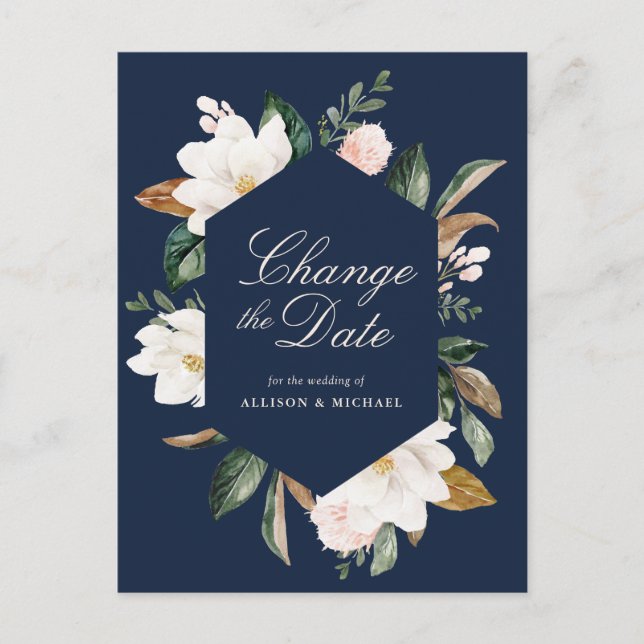 Carte Postale magnolia blanc floral marine bleu changer la date (Devant)