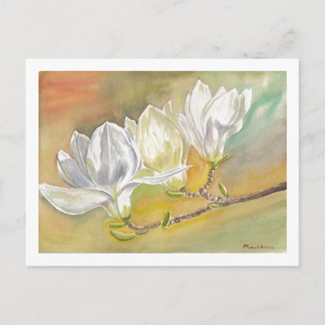 Carte Postale Magnolia Blooming Aquarelle par E.Mashkina (Devant)