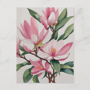 Carte Postale Magnolia rose épanoui à l'aquarelle