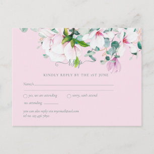 Carte Postale Magnolias roses Sauge Eucalyptus Mariage rsvp Car