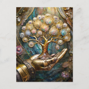 Carte Postale Main Robot D'Or Tenant Arbre De Vie D'Or