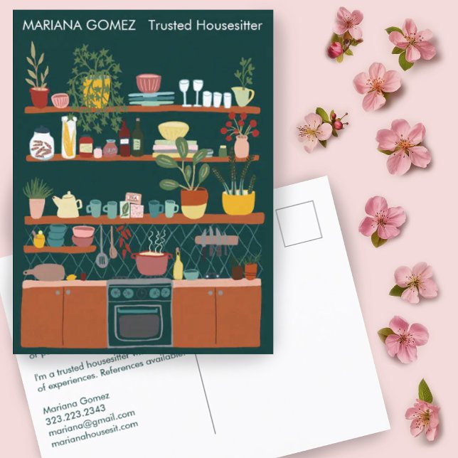Carte Postale Maison assise Animaux de compagnie assise Maison (Custom marketing postcard with a cute kitchen illustration. Add your own text to the front and back)