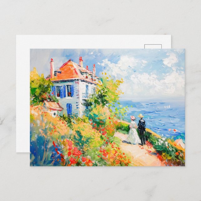 Carte Postale Maison côtière avec Fleurs Impressionniste Seascap (Devant / Derrière)