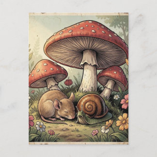 Carte Postale Maison de Campagne Rétro Champignons et Faune