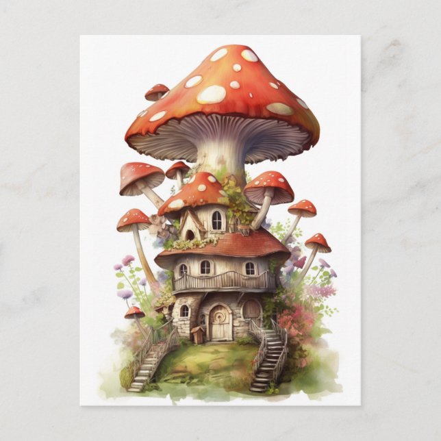 Carte Postale Maison de champignons rouge et blanc (Devant)