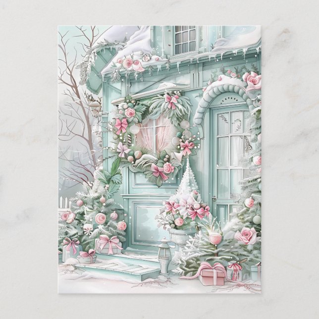 Carte Postale Maison de Noël à la menthe et rose (Devant)