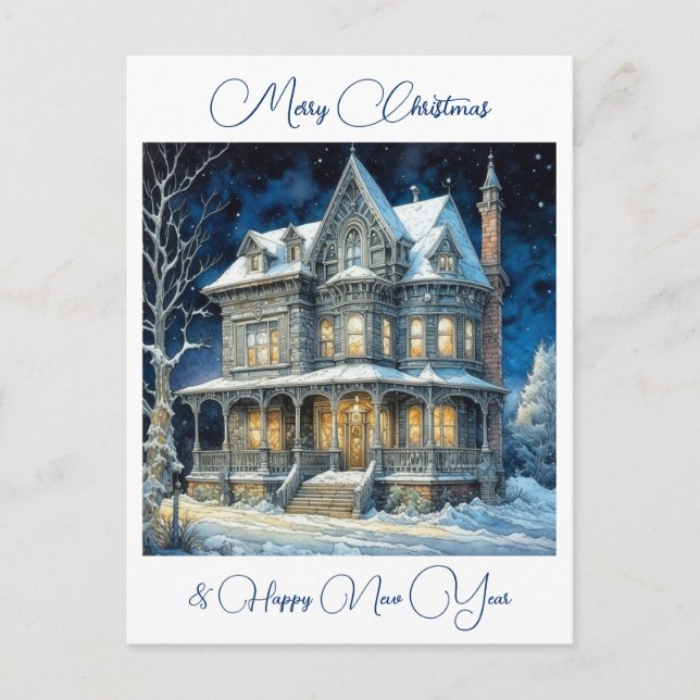 Carte Postale Maison de Noël personnalisée dans une nuit de neig (Devant)