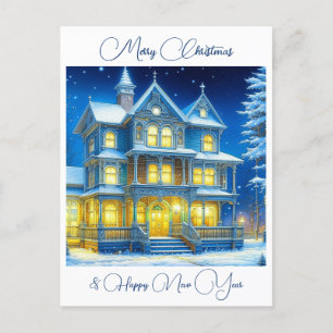 Carte Postale Maison de Noël personnalisée dans une nuit de neig