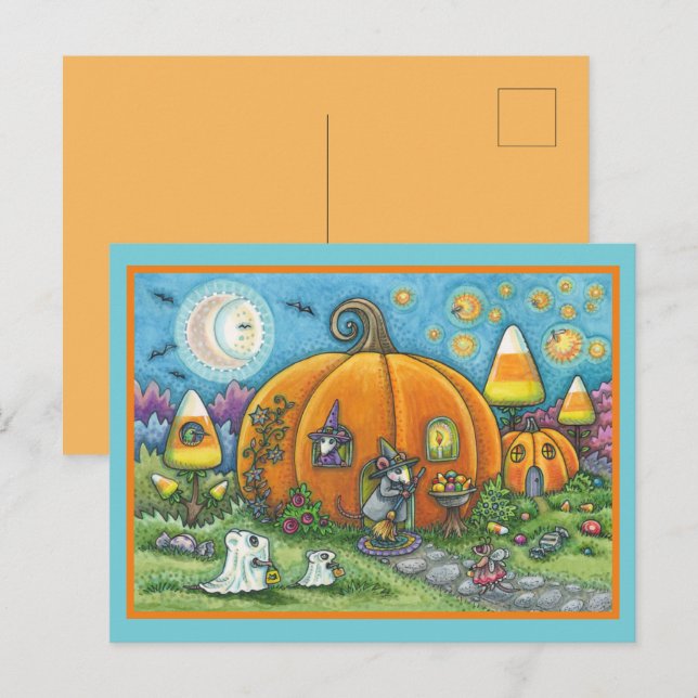 CARTE POSTALE MAISON DE SOURIS, PETITE MICE, TRICK OU TRAITER HA (Devant / Derrière)