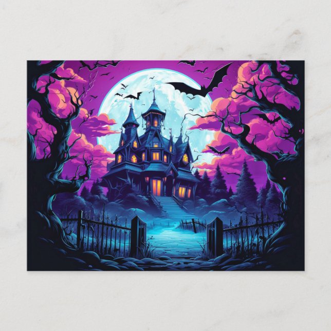 Carte Postale Maison déplaisante hantée Happy Halloween (Devant)