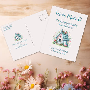 Carte Postale Maison d'oiseaux bleu et rose doux "We've Moved"