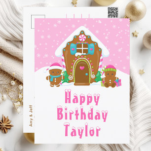 Carte Postale Maison en pain d'épice rose Joyeux anniversaire
