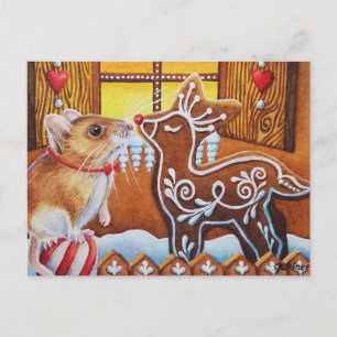 Carte Postale Maison en pain d'épice Souris & Reindeer Aquarelle