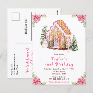 Carte Postale Maison en pain d'épices rose pour fête d'anniversa