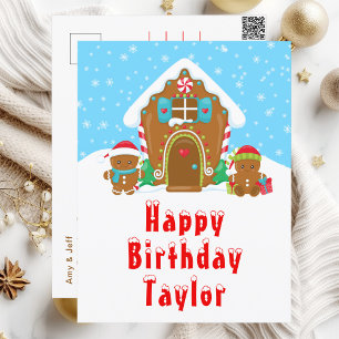 Carte Postale Maison en pain d'épices Rouge et bleu Joyeux anniv