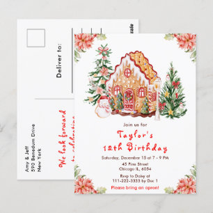 Carte Postale Maison en pain d'épices rouge pour fête d'annivers
