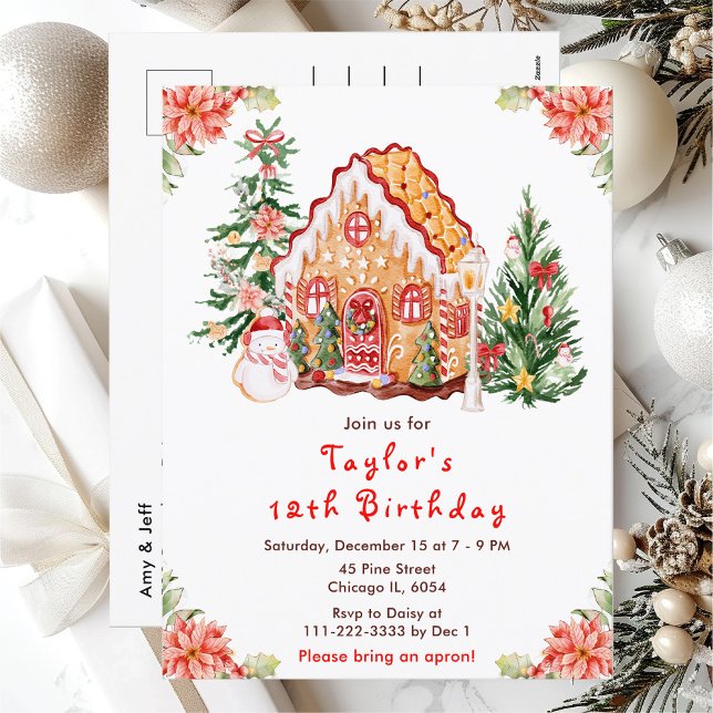 Carte Postale Maison en pain d'épices rouge pour fête d'annivers (Créateur téléchargé)