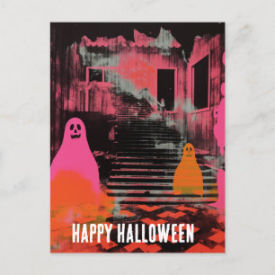 Carte Postale Maison Halloween Rétro Hantée Fantômes rose Orange