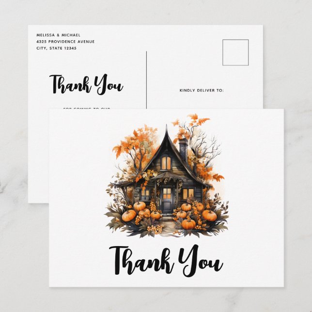 Carte Postale Maison hantée avec citrouilles Halloween Merci (Devant / Derrière)