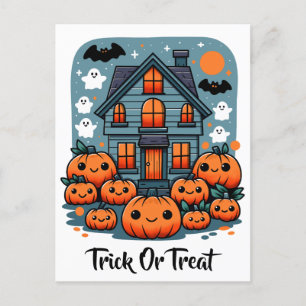 Carte Postale Maison Hantée Cute Halloween Citrouille Fantômes &