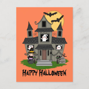 Carte Postale Maison hantée d'Halloween et petite sorcière orang