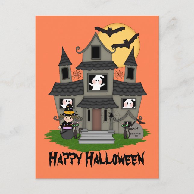 Carte Postale Maison hantée d'Halloween et petite sorcière orang (Devant)