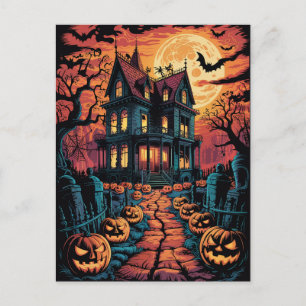 Carte Postale Maison Hantée Halloween Citrouilles Épouvantables