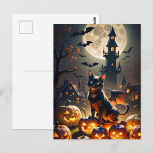 Carte Postale Maison hantée, Pleine lune, Chat noir Halloween