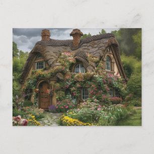 Carte Postale Maison joliment chaumée avec des plantes et des fl