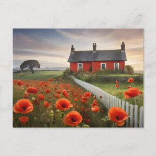 Carte Postale Maison rouge dans la prairie avec clôture de pique