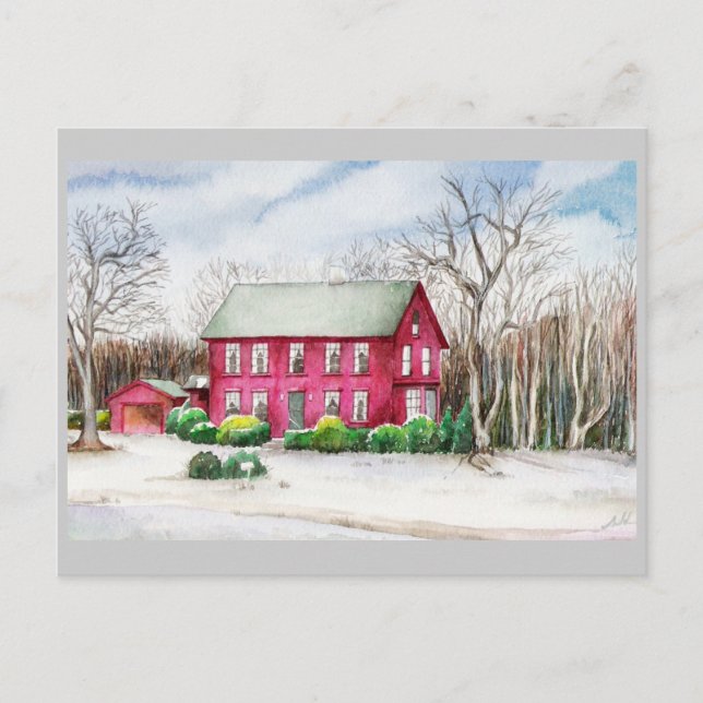 Carte Postale Maison rouge en hiver (Devant)