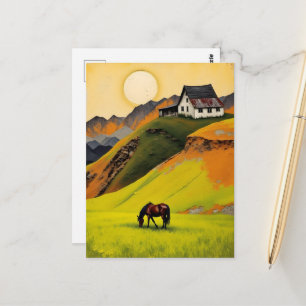 Carte Postale Maison sur la colline et cheval dans le pâturage