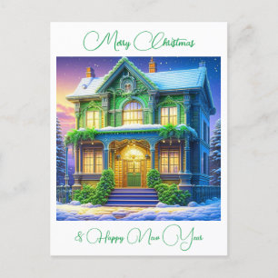 Carte Postale Maison verte de Noël neigeuse personnalisée