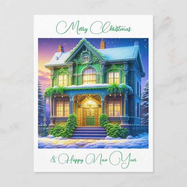 Carte Postale Maison verte de Noël neigeuse personnalisée (Devant)