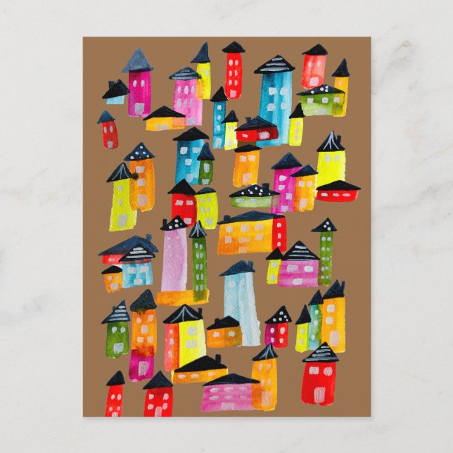 Carte Postale Maisons colorées mignonnes art aquarelle (Devant)