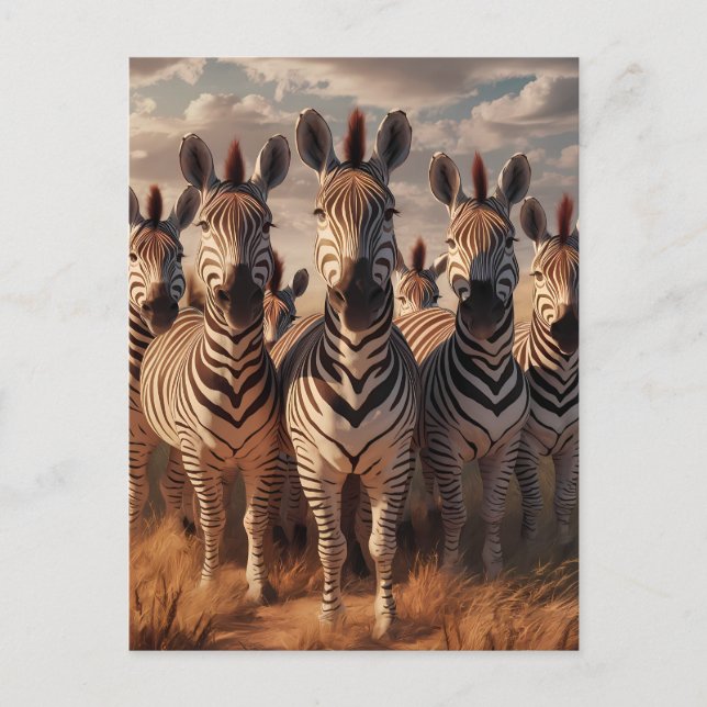 Carte Postale Majesté rayée : troupeau de zèbres dans l'herbe sè (Devant)