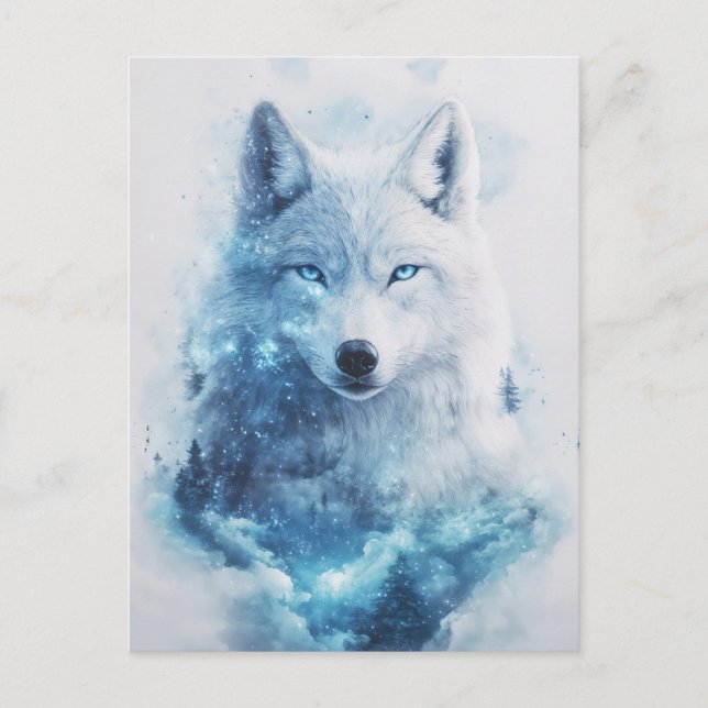 Carte Postale Majestic White Wolf in Icy Blue Nebula (Devant)