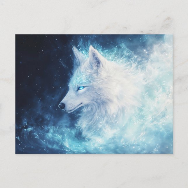 Carte Postale Majestic White Wolf in Luminous Blue Nebula (Devant)