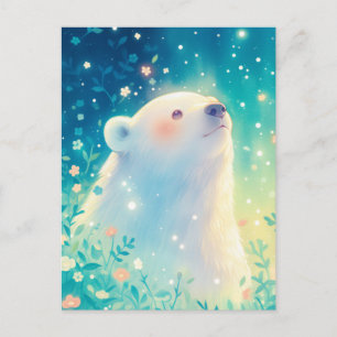 Carte Postale Majestueux Ours Polaire Blanc dans un Jardin Lumin