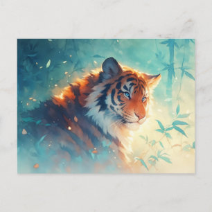 Carte Postale Majestueux Tigre aux Yeux Bleus dans des Rayons de
