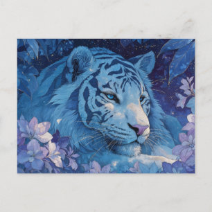 Carte Postale Majestueux Tigre Bleu dans un Jardin Floral Violet