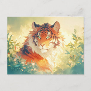 Carte Postale Majestueux Tigre dans un Jardin Floral Ensoleillé