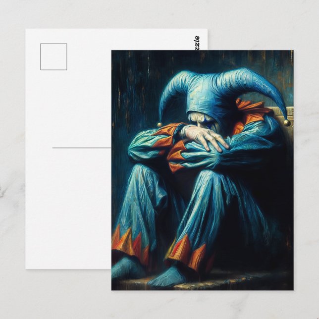 Carte Postale Malheureux Jester portant bleu et orange (Devant / Derrière)