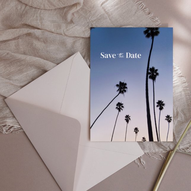 Carte Postale Malibu Palm Trees ・ Sauvez la date ・ Boho Blue (malibu palms save the date with envelope)