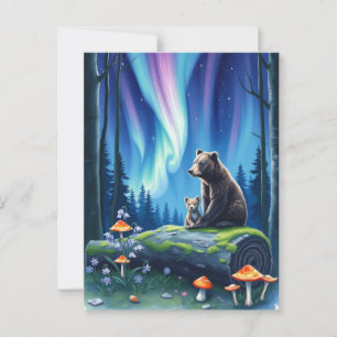 Carte Postale Maman et ours de bébé et aurores boréales