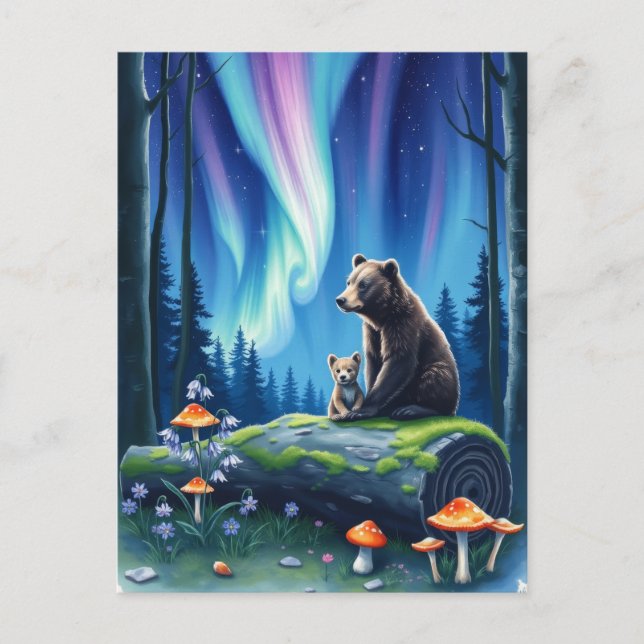Carte Postale Maman et ours de bébé et aurores boréales (Devant)