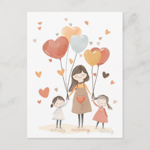 Carte Postale Maman mignonne avec deux enfants et des ballons
